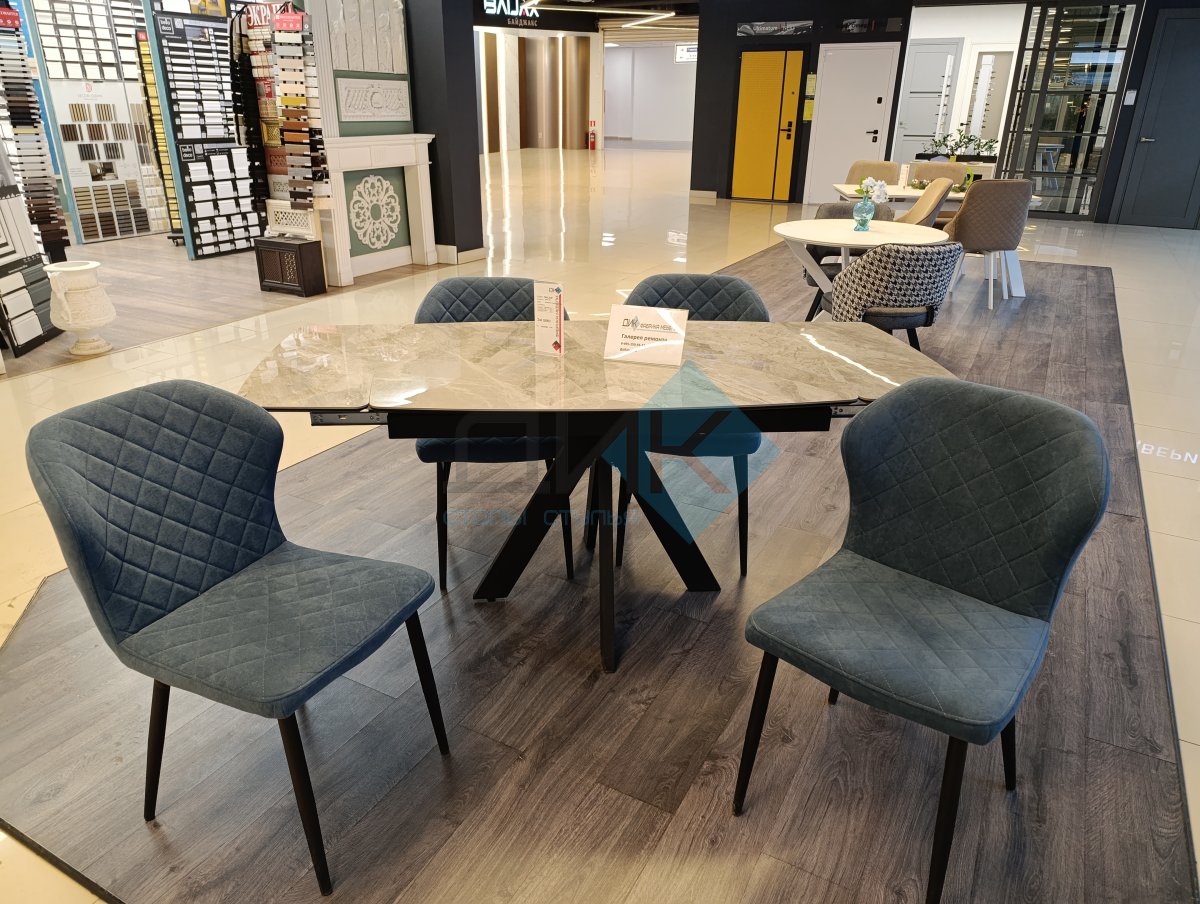 Комплект: Стол DikLine DKU120 Керамика Italian Grey+4 стула DikLine 239М В08 синий Образец в салоне ТЦ Галерея ремонта