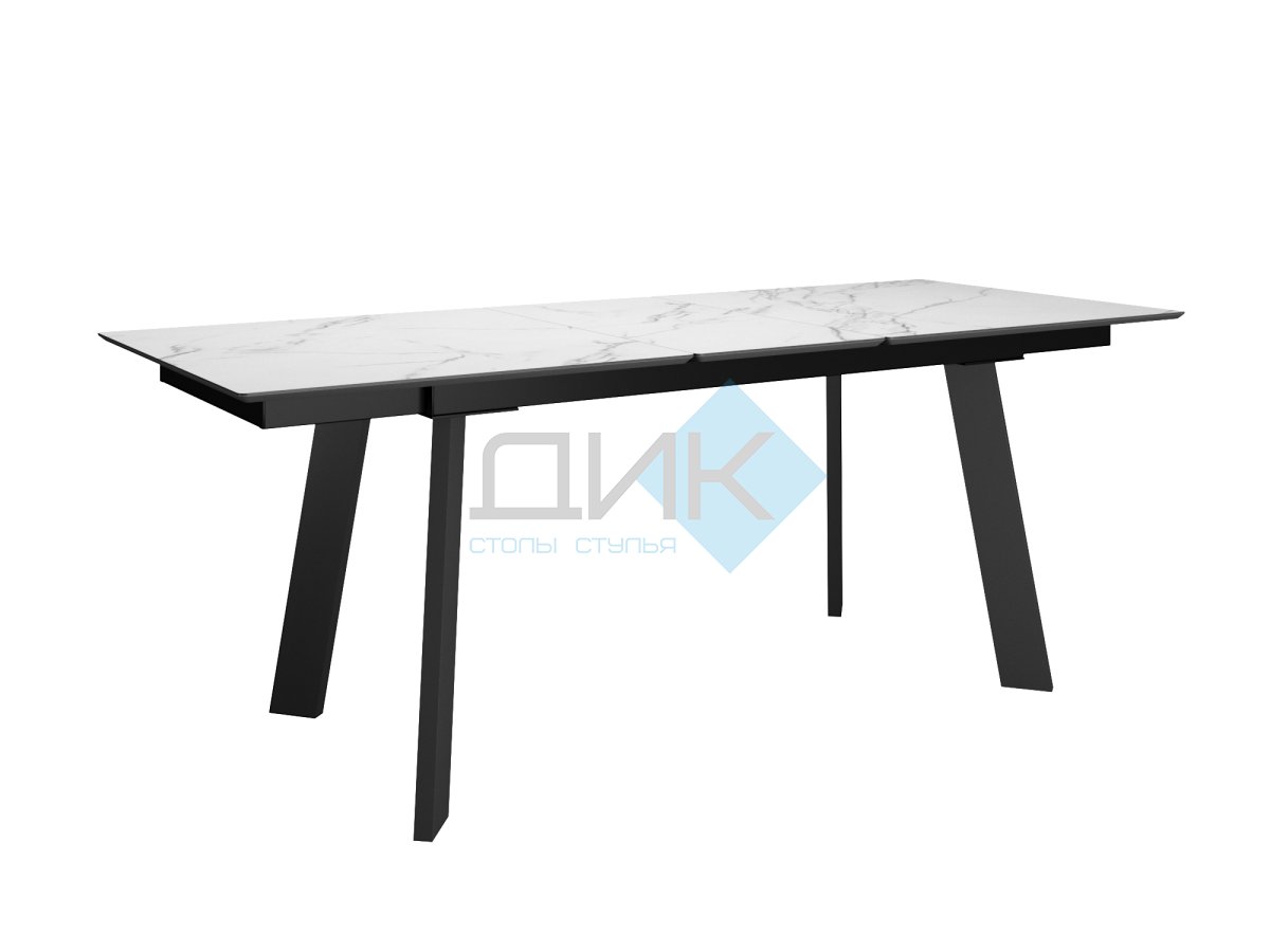 Стол DikLine DKH160, керамика 160(200)х90, мрамор белый матовый, опоры черные (2 уп.)