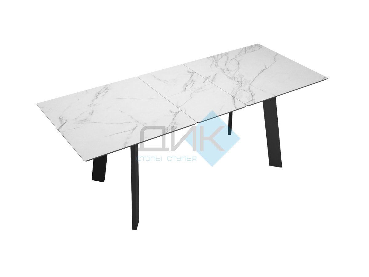 Стол DikLine DKH160, керамика 160(200)х90, мрамор белый матовый, опоры черные (2 уп.)